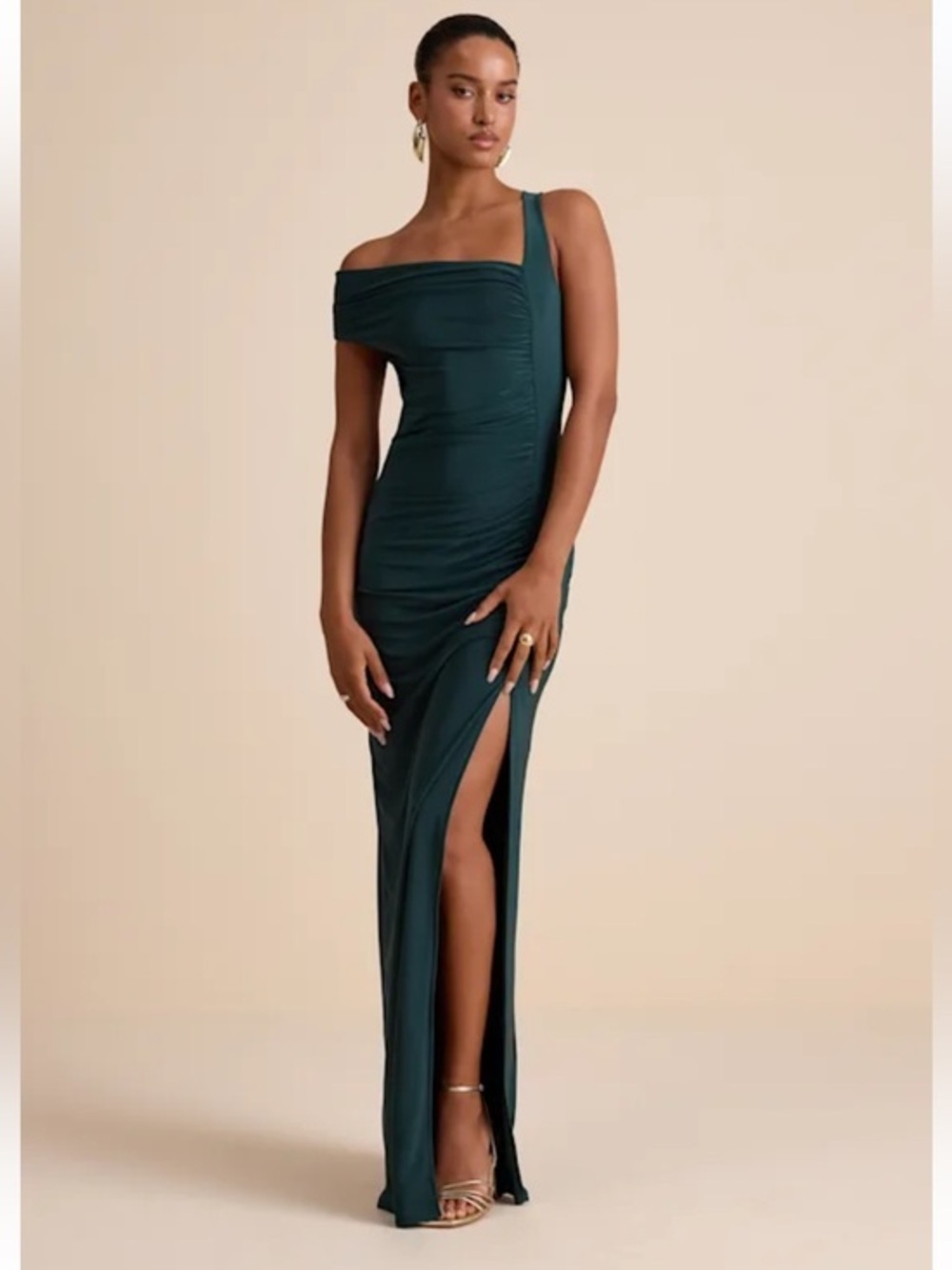NWT Lulus Josie Emerald Green Jersey Knit Ruched Maxi Dress